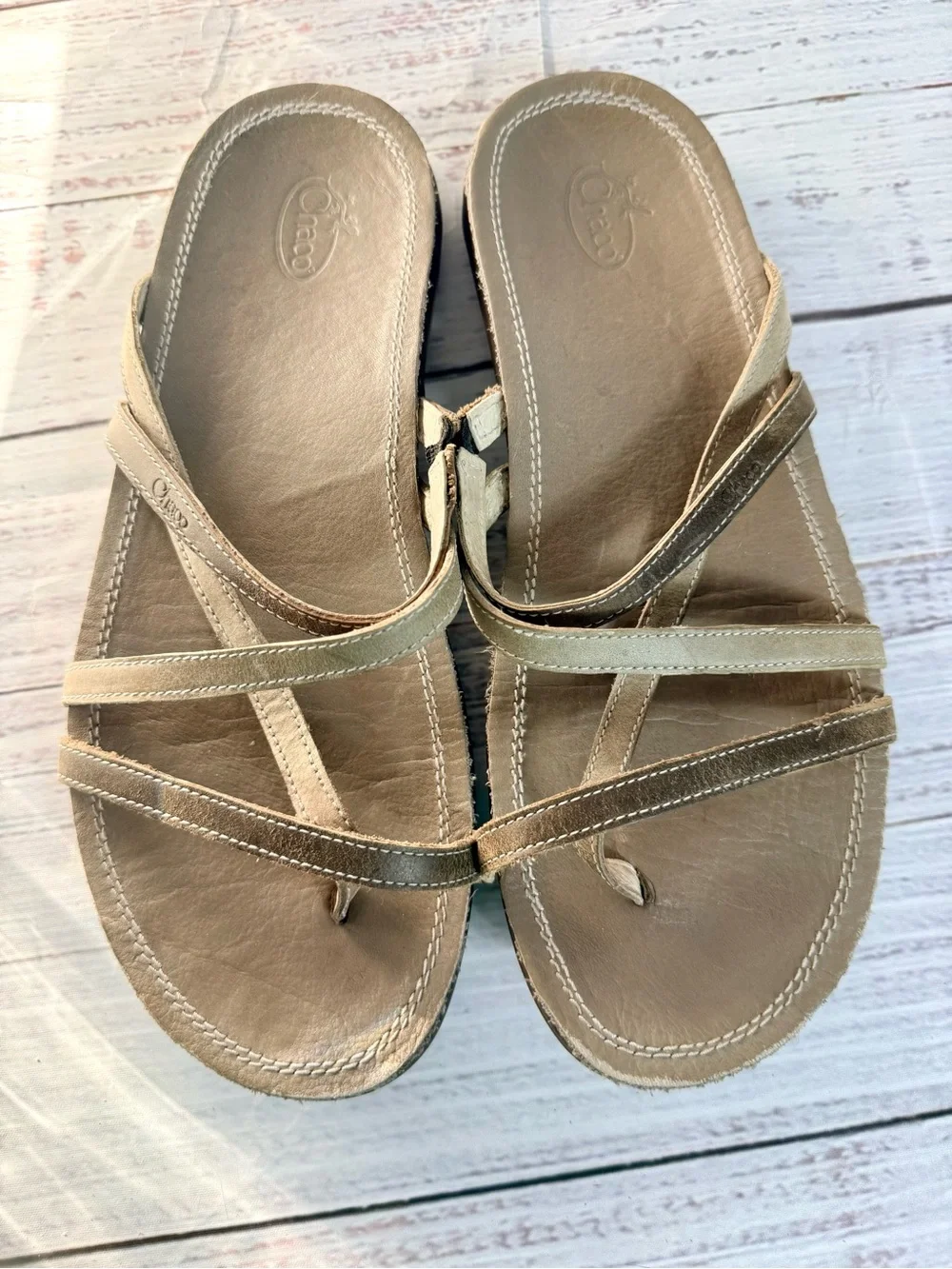 Chaco Women's Multi-Strap Leather Slide Flip Flop Sandals in Tan